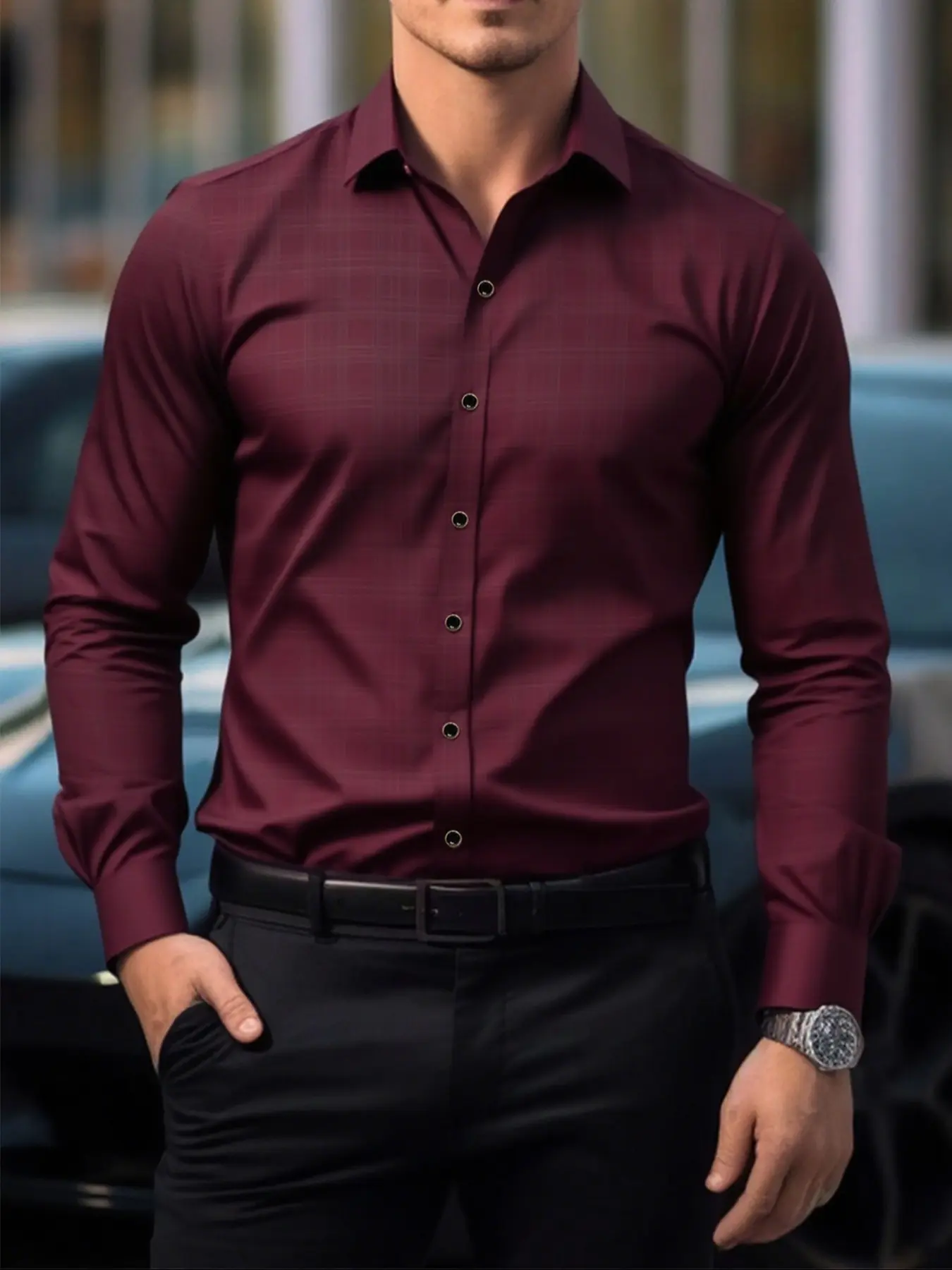 Men's Slim Fit Wine Plaid Formal Shirt Fitted, Elegant Button Details, Suitable for Spring Fall Winter, Business Casual Wear