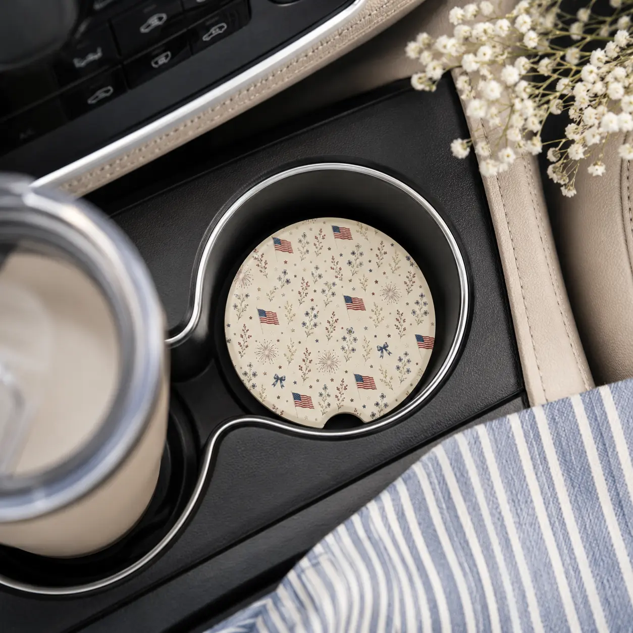 Patriotic Car Coasters | Americana Car Accessories | American Flag Cup Holder Coasters | Liberty & Linen