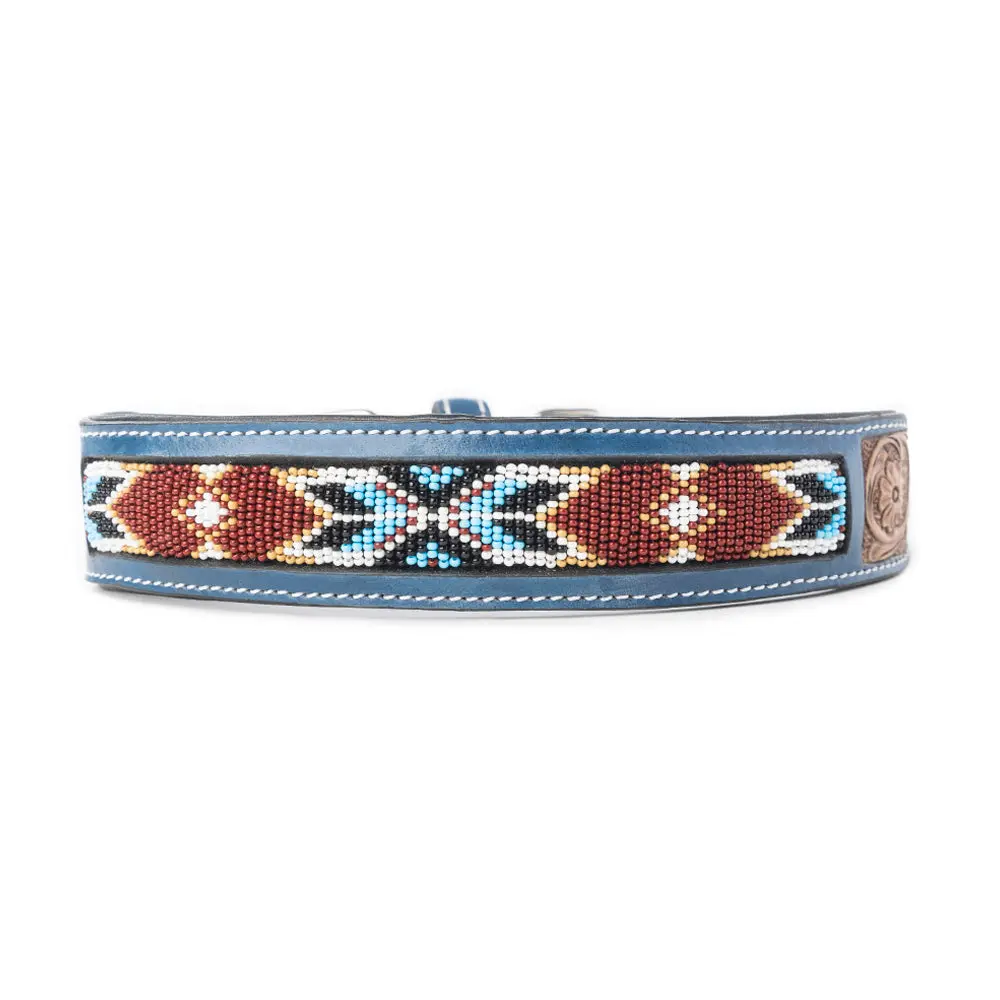 Leather Western Dog Collar - Canine Tribal Heritage Design, Brown with Authentic Beaded Inlay, Floral Accents, Brass Hardware, Adjustable Pet Collar Accessory