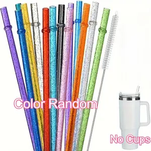 Reusable Glitter Straws with Straw Brush, 12pcs/set Random Color Long Straw for Stanley Cup, Drinking Straws for Home Kitchen Party, without Cup