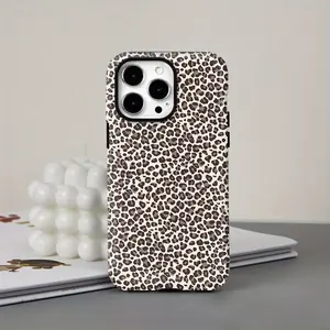 This durable, shock-absorbing, glossy 2-in-1 phone case features a creamy white background with a small leopard print pattern. It's compatible with iPhone 17, 16, 15, 14, 13, 12, 11, X, and Samsung models. It makes a great holiday gift for friends