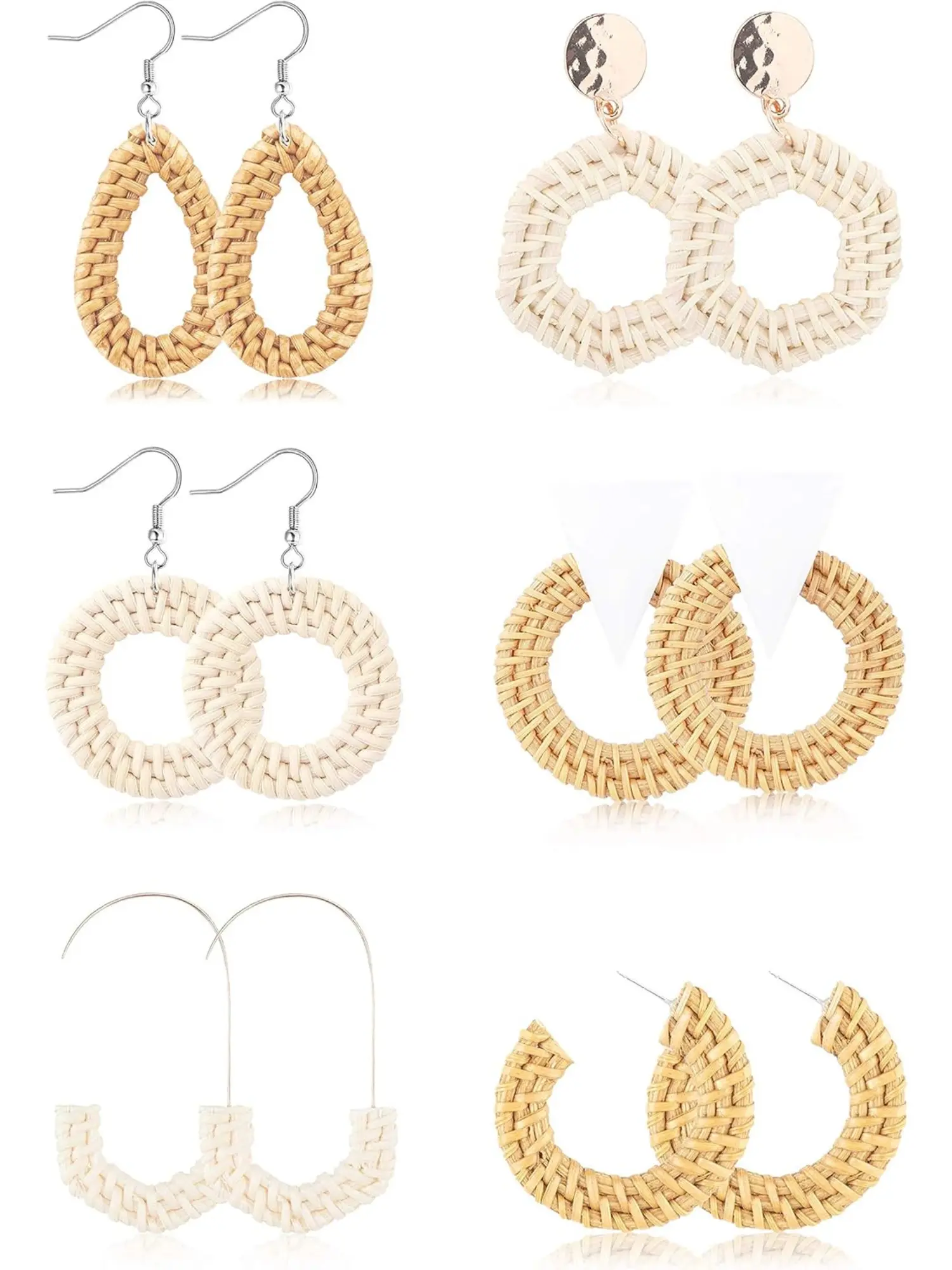 6Pairs Rattan Earrings for Women Trendy Fashionable Accessories Handmade Straw Wicker Braid Drop Hoop Dangle Earrings Lightweight Geometric Statement Earrings Set Dangling Earrings Beachy Earrings Casual Trendy Jewelry Dangly Earrings