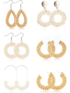 6Pairs Rattan Earrings for Women Trendy Fashionable Accessories Handmade Straw Wicker Braid Drop Hoop Dangle Earrings Lightweight Geometric Statement Earrings Set
