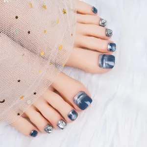 Glitter Cat Eye Fake Toenail, 24pcs/box Rhinestone Decor Toenail Art with Tools, Fashion Press on Toenail for Women & Girls DIY Nail Art, Press on Toenails