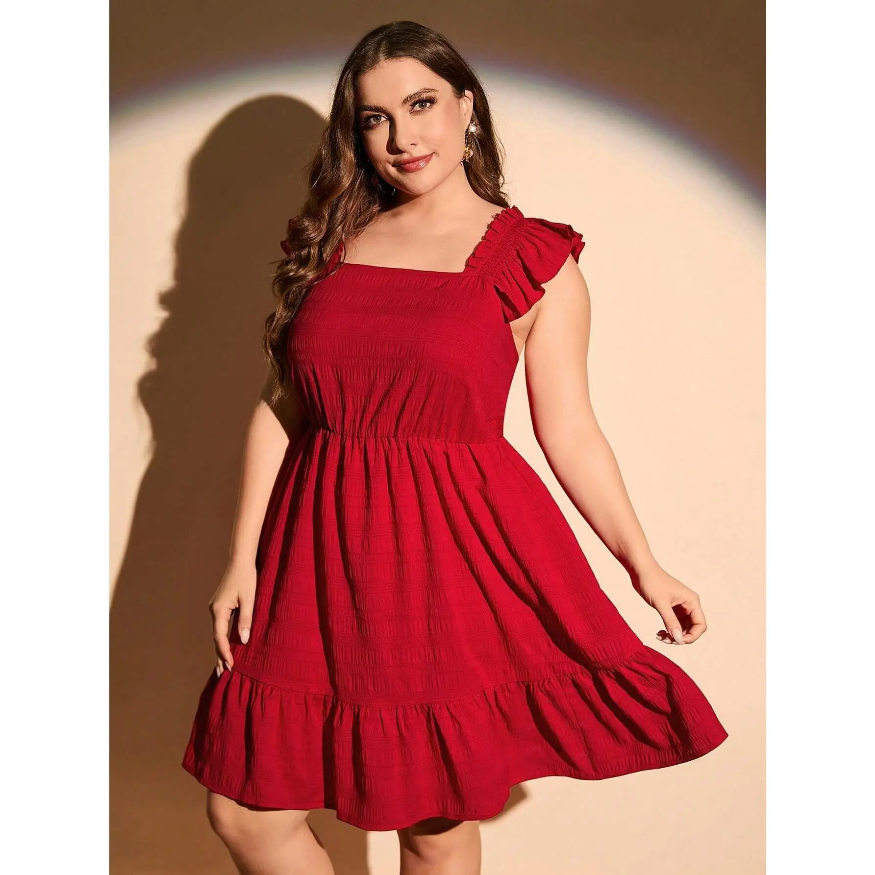 Trendy Plus Size Square Neck Ruffle Hem Casual Dress for Women A-Line Minimalist Shortsleeve Perfect Trendy Plus Size Square Neck Ruffle Hem Casual Dress for Women A-Line Minimalist Shortsleeve Perfect
