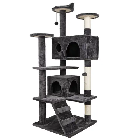 53-in Dark Gray Plush Cat Tree & Kitten Condo with Vertical Scratching Posts, Particle Board Anti-Tip Base, 2 Condo Hideouts, 10" Round Platform, 55lb Capacity, Nap & Play Cozy Rest Space for Home Use (10.6x10.6x7.9in)