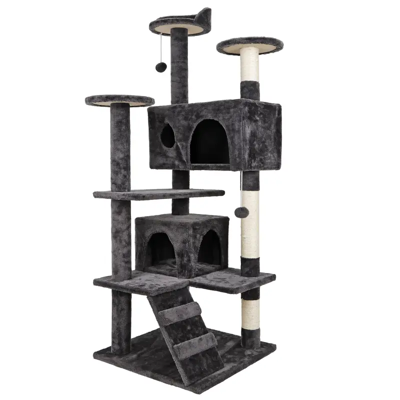53-in Dark Gray Plush Cat Tree & Kitten Condo with Vertical Scratching Posts, Particle Board Anti-Tip Base, 2 Condo Hideouts, 10" Round Platform, 55lb Capacity, Nap & Play Cozy Rest Space for Home Use (10.6x10.6x7.9in)