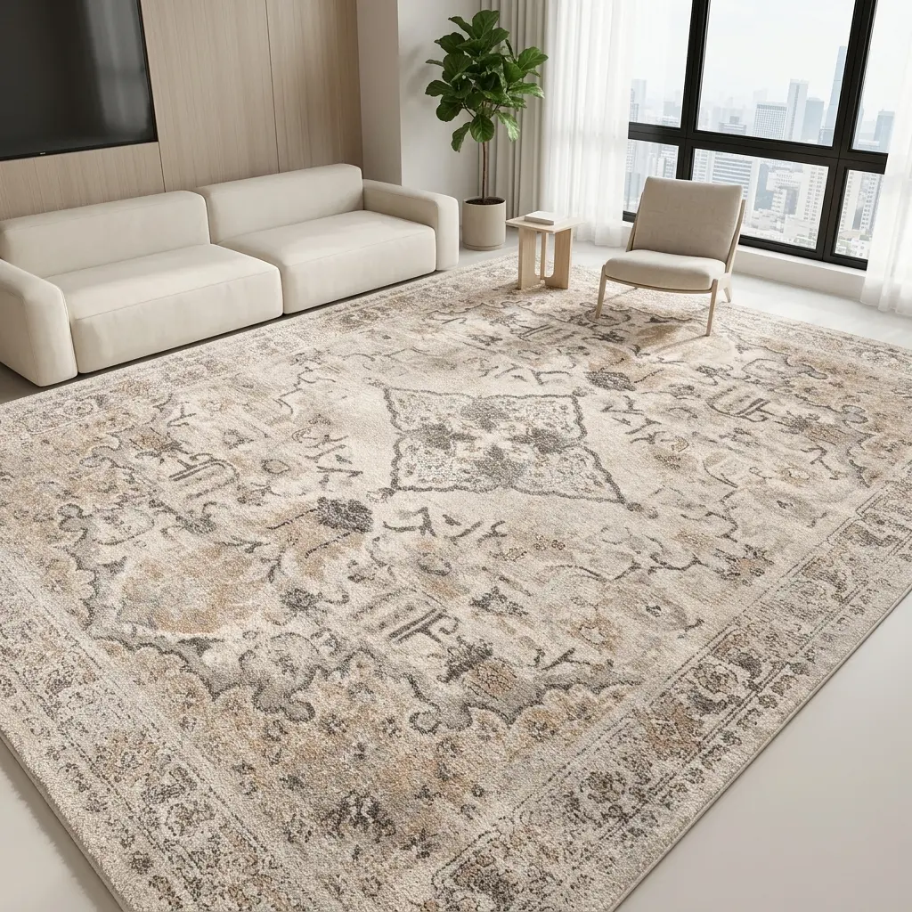 RUGIXE Machine Washable Vintage Beige Area Rug 8x10 5x8 4x6 ft, Distressed Medallion Persian Soft Velvet Low Pile Rug with TPR Non Slip Backing, Comfortable Durable Wear Resistant Neutral Farmhouse Carpet for Living Room Bedroom Entryway