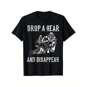 Motorcycle Rider Graphic T-Shirt | 100% Cotton | 'Drop A Gear And Disappear' Print Design | Casual Round Neck Tee For Men & Men | Breathable, Machine Washable | Multi-Size S-XXXL | Perfect Father'S Day Gift