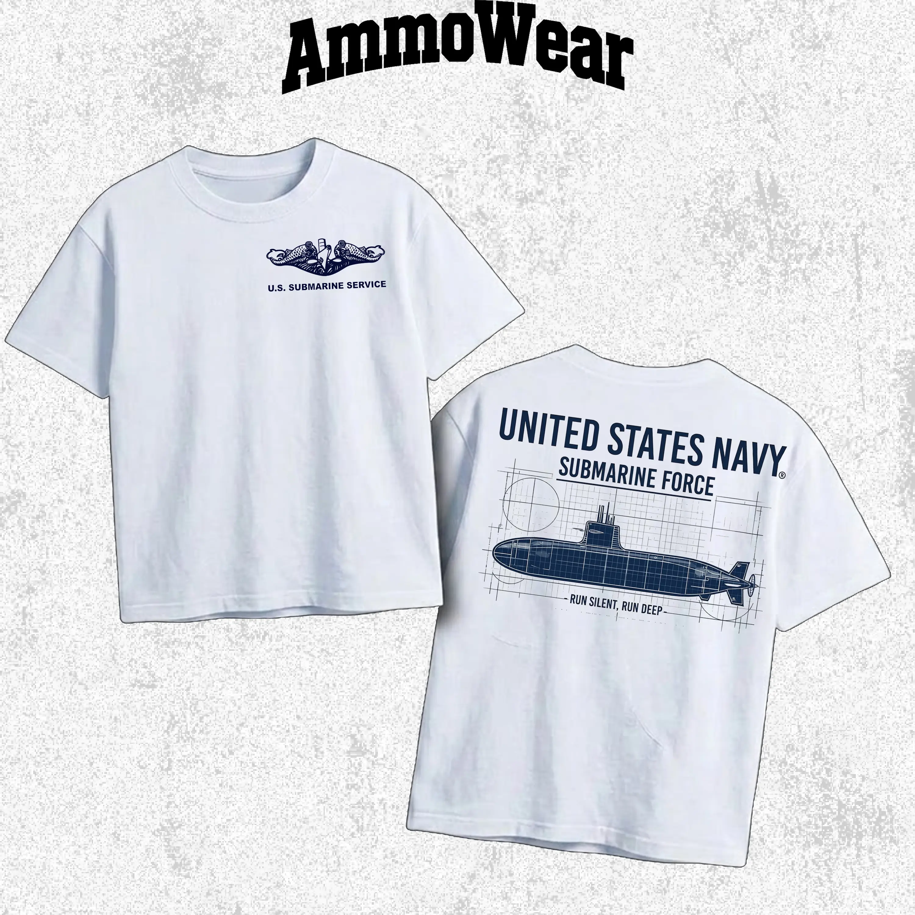 U.S. Navy Submarine Force Graphic Tee, Silent Service Submariner T-Shirt, Military Veteran Blueprint Apparel, Run Silent Run Deep Top, Unisex Casual White Short Sleeve Shirt, American Naval Tactical Gear