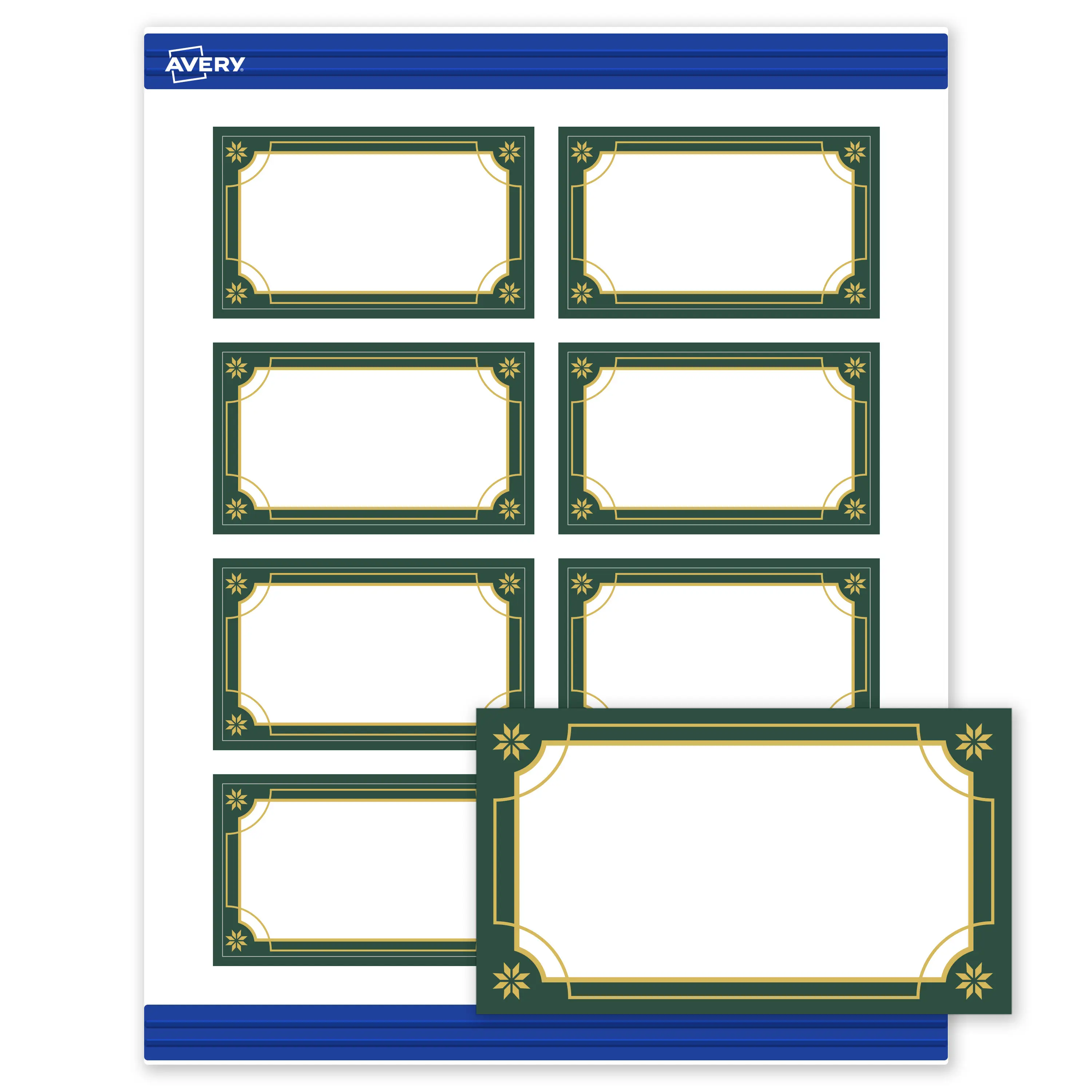 Avery® Printable Christmas Business Cards with Sure Feed® Technology, Rectangle, 2" x 3-1/2", Pre-Printed Green & Metallic Gold Border Design, Matte White, Laser & Inkjet Compatible, 80 Total