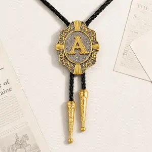 Western Bolo Tie for Men, Gold Initial Letter A-Z Cowboy Bolo Tie with Leather Cord, Vintage Western Necktie for Men Women, Cowboy Tie Western Accessories