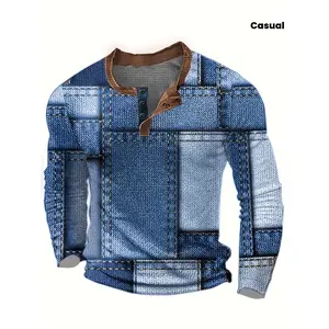 Men's Waffle Plaid 3D Digital Print Henley Shirt - Casual Outdoor Long Sleeve Button Down Top, Comfort Stretch Streetwear