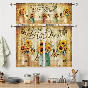 3pcs Floral Curtains - Watercolor Sunflower & Botanical Design, Vintage Style, Rod Pocket, Modern Home Decor for Kitchen, Living Room, Vintage Floral Curtains