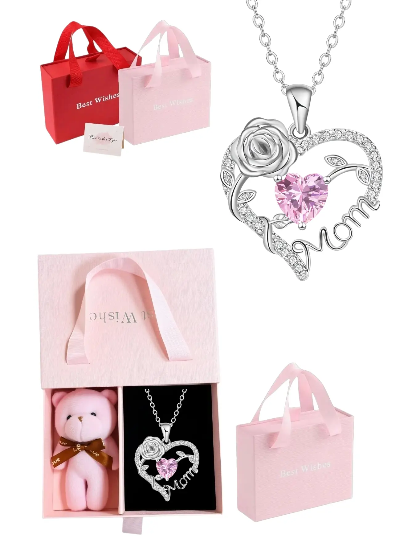 Teddy Bear Jewelry Gift Box With Heart Rose Mom Pendant Necklace, High End Heart Design Necklace for Mama Grandma, Perfect for Mother's Day Gift Christmas Gift；Comes with exquisite gift box/greeting card