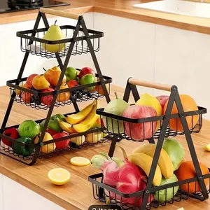 2-Tier or 3-Tier Heavy-Duty Metal Countertop Fruit Basket with Removable Wooden Handles - Sturdy Rectangular Kitchen Storage Organizer with Open Grid Design & Lower Shelf for Fresh Produce, Bread, Snacks - Space-Saving Countertop Organizer for Home