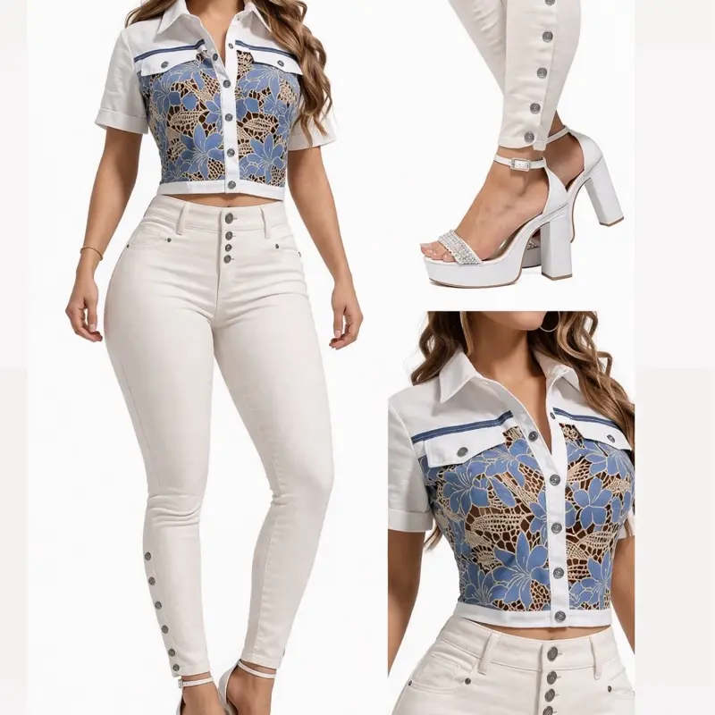 W 71-351 Colombian Two-Piece Set – Marfil High-Waist Stretch Jeans & Floral Lace Crop Top