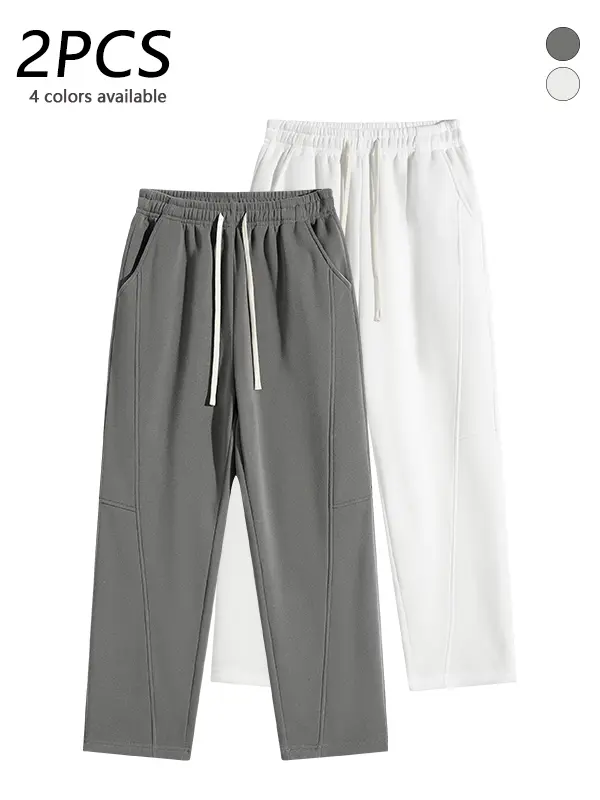 2-pack men’s straight-leg casual sweatpants with curved paneling, adjustable drawstring elastic waistband, comfortable skin-friendly fabric, loose wide street-style pants