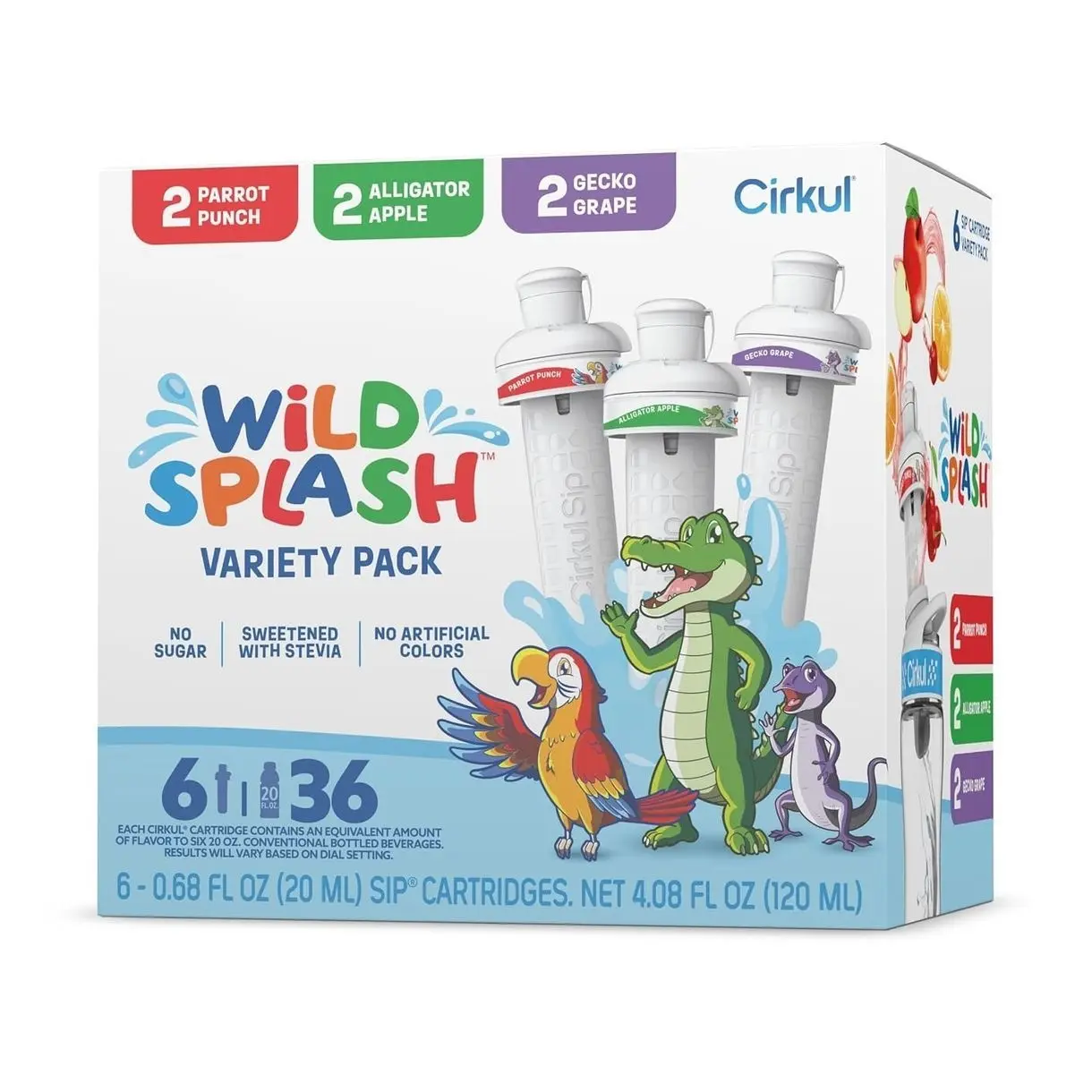 Cirkul Wild Splash Stevia Flavor Water Variety Pack, Makes 36 Drinks, No Sugar, Zero Calorie Drink Mix, (2 Parrot Punch, 2 Alligator Apple, 2 Gecko Grape)
