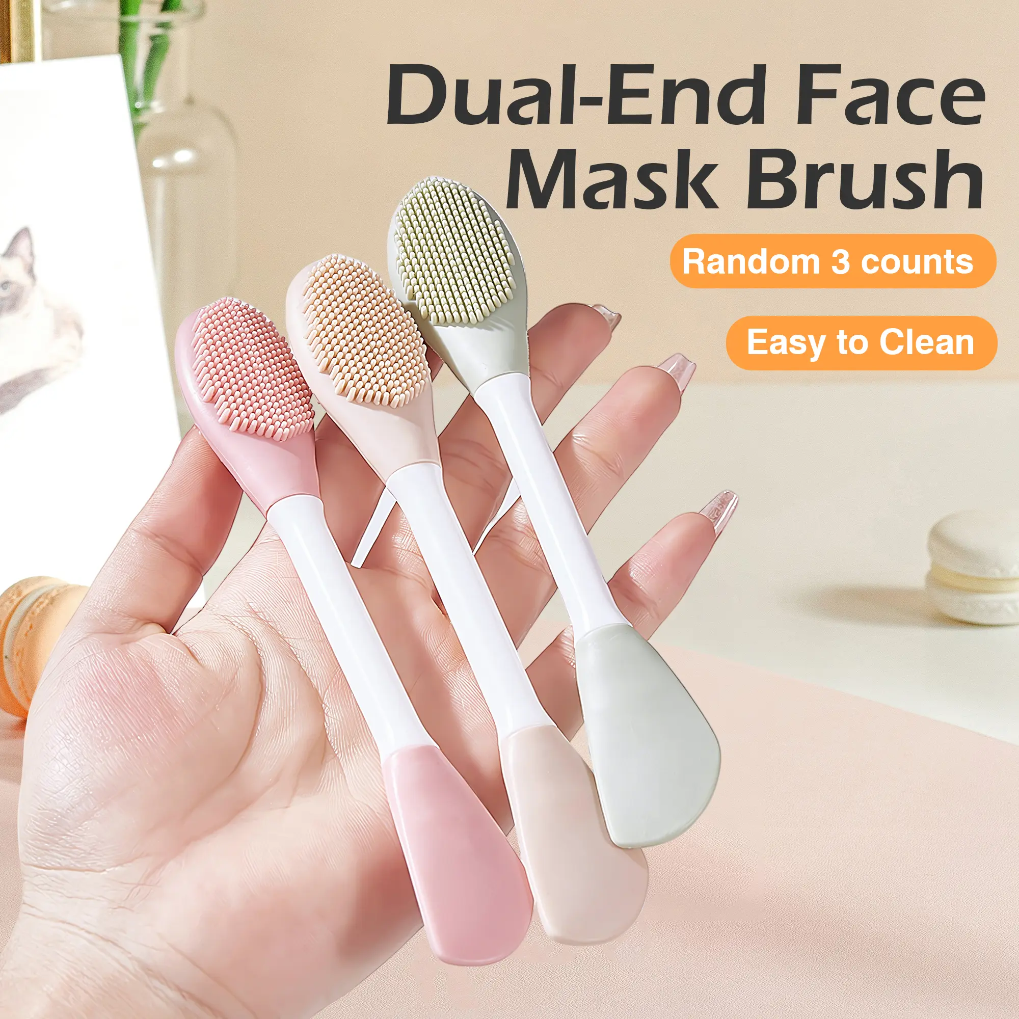 3 Counts double-ended color facial mask brushes, gentle skin-friendly silicone applicator