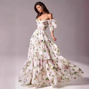 Women's Blue Elegant Long Organza Off-Shoulder Evening Dress for Fashionable Events
