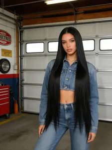 Stylish long black voluminous straight hair wig, natural and realistic, smooth hair texture, enhances skin tone, high quality, adjustable net cap, suitable for everyday wear, dates, parties, travel, photography, music festivals, Halloween and other