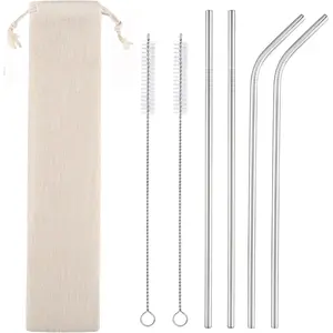 Set of 4  Metal Straws, Long Stainless Steel Straw with Cleaning Brushes and Case, Drinking for 30 oz and 20 oz Tumblers.