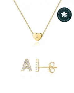 PAVOI 14K Gold Plated Personalized Initial Jewelry Set for Women – Engraved Initial Heart Pendant Necklace & Cubic Zirconia Letter Stud Earrings – Build Your Own TikTok Bundle