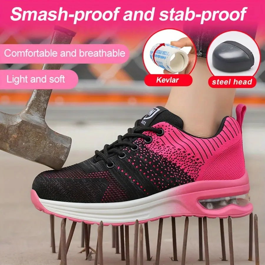 Women's 1-Pair Breathable Knit Steel Toe Safety Walking Shoes - Lightweight, Smash-Resistant, Puncture-Resistant, Comfortable Work Sneakers for Construction, Hand-Washable Closed Footwear
