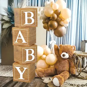 Shower Boxes Birthday Party Decorations - 4  Grain Brown Stereoscopic Blocks with  Letter,1st Birthday Balloon Boxes,Teddy Bear Boys Girls  Shower Supplies,  Backdrop