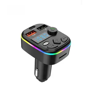 Multifunctional car FM transmitter, with ambient lighting, BASS hands-free car MP3 player, wireless Bluetooth car charger, equipped with Type C and dual USB ports