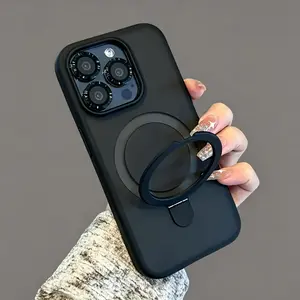 Luxury Magnetic Wireless Charger Ring Stand Phone Case for iPhone 17 16 15 14 13 12 12 Pro Max Plus Shockproof Armor Bumper Matte Clear Cover with Lens Protective Film