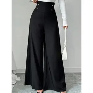 A pair of women's black high waisted metal buckle decorated wide leg pants, loose and thin hanging pants in commuting style, suitable for autumn and winter, suitable for daily commuting, shopping, coffee shop visits and other scenesRAIMENTRY