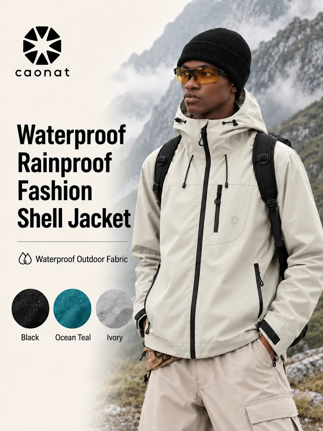 CAONAT Unisex Waterproof Hooded Jacket, Lightweight Outdoor Windbreaker with Zip Pockets, Adjustable Cuffs, Hiking & Casual Rain shell Jacket
