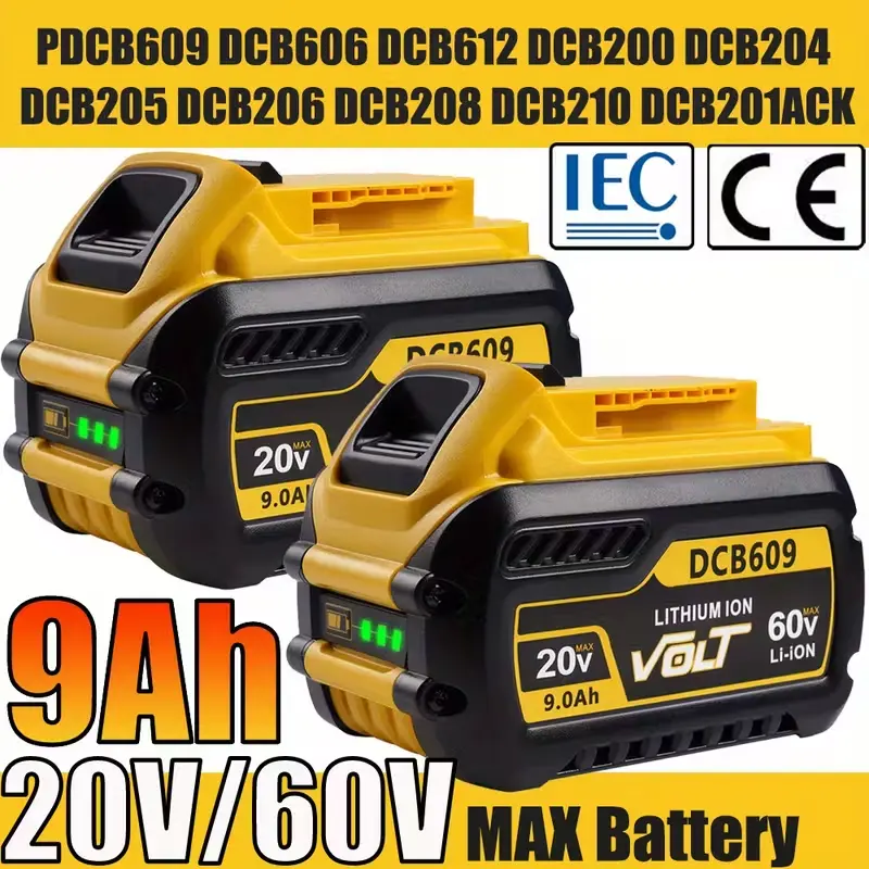 2-Pack Replaceable Lithium Cordless Tool Batteries, Compatible with DeWalt DCB606/DCB609 20V/60V MAX 9.0Ah Power Tools, Lithium Batteries, Cordless Tool Battery