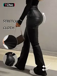 GILIPUR Y2K High Waist PU Flare Leg Pants, Casual Everyday Comfy Plain Button Pocket Trousers, Women's Ladies Bottoms For All Seasons Fall & Winter Clothes Stretchy PU Leather Flared Leg Pants Coated Flared Pants,Kardashian Style,Tchic