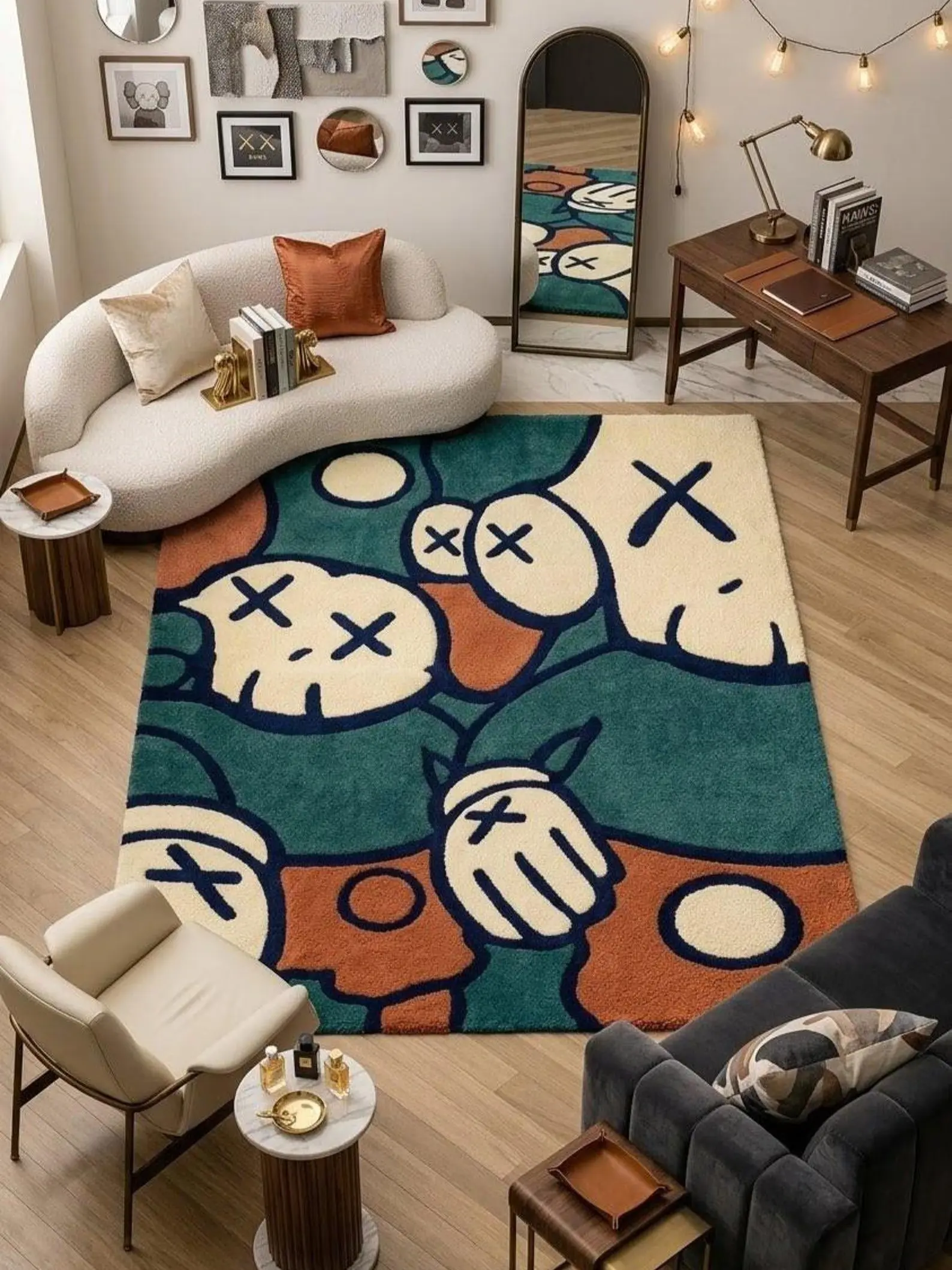 Handmade Kaws Inspired Pop Art Area Rug, Colorful Cartoon Street Art Carpet