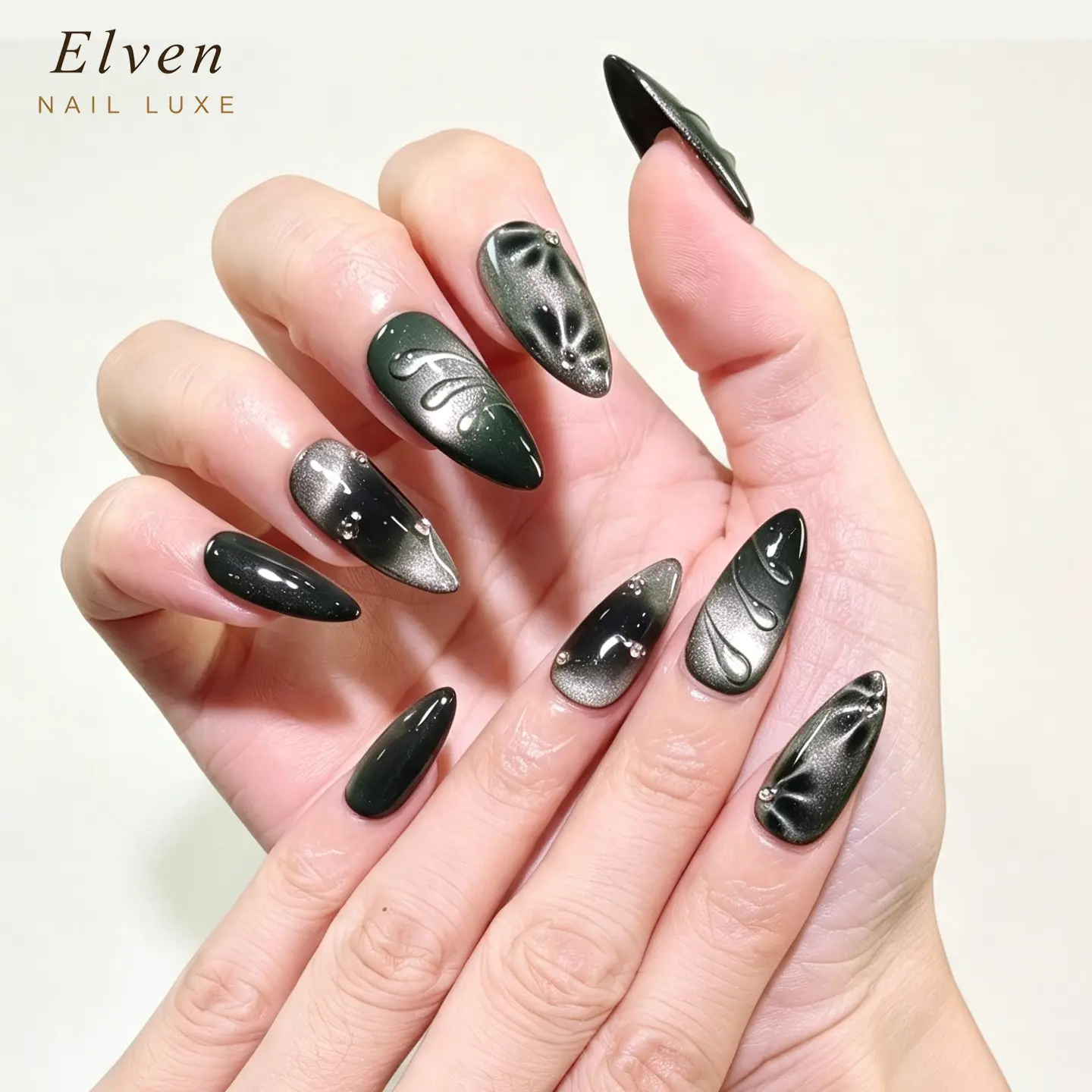 Handmade Dark Forest Green Magnetic Cat Eye Gradient Medium Almond Press On Nails, 3D Raised Swirl Texture Lines & Tiny Crystal Rhinestone Accents, Moody Dark Cool Tone Gothic Minimal Reusable Fake Nails