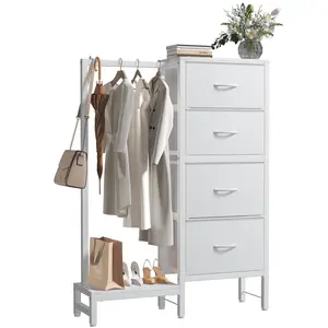Fabric Dresser with Hanging Rack, 4-in-1 Tall Storage Tower, White Closet Organizer with Clothes Rack, Shoe Shelf and Side Hooks, Multifunctional Storage Unit for Bedroom, Apartment, Dorm and Entryway