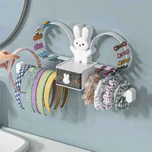 1 Cute Rabbit Wall-Mounted Hair Accessory Organizer - No-Drilling Adhesive Bathroom Storage Rack, Suitable for Children and Adults, Durable Plastic Hairband Holder