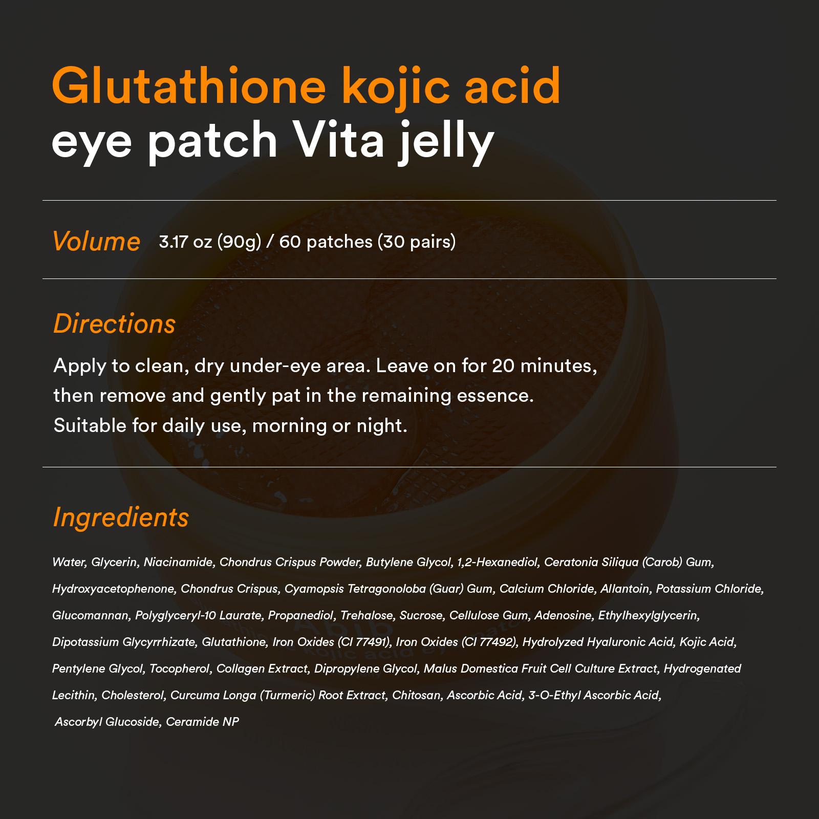 [Abib official]  Glutathione Kojic Acid Eye Patch(60 patches) | Easy Under Eye Care for hyperpigmentation, dull & tired eyes, under-eye discoloration, dark circles | Glutathione, Kojic Acid & Tumeric, Ceramide, Vitamin C & Nicacinamide