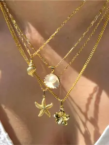 4 Piece Set Elegant Layered Shell Starfish Pearl Flower Necklace Set, Vintage Design, Jewelry Design, Perfect for Holiday Parties, Daily Wear, Beach Vacation