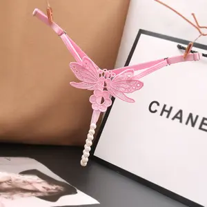 Sexy Pearl Thong Low Waist Hollow Embroidery Transparent Open Crotch One String Panties Womenswear Bridal