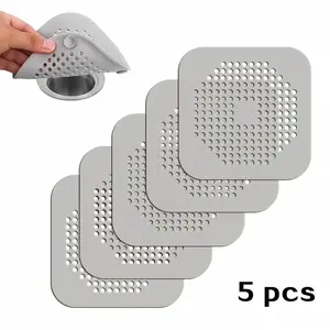 5pcs Drain Hair Catcher Durable Silicone Hair Stopper Shower Drain Covers Easy To Install And Clean Suit For Bathroom Bathtub And Kitchen (Square Grey）