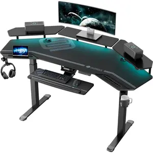 Gaming Desk, Standing Desk Keyboard Tray, 72" Wing Shaped Music Studio Desk Electric Adjustable Height Desk Sit Stand Desk with LED Shelves, Gaming Recording Live Stream, Slot Design