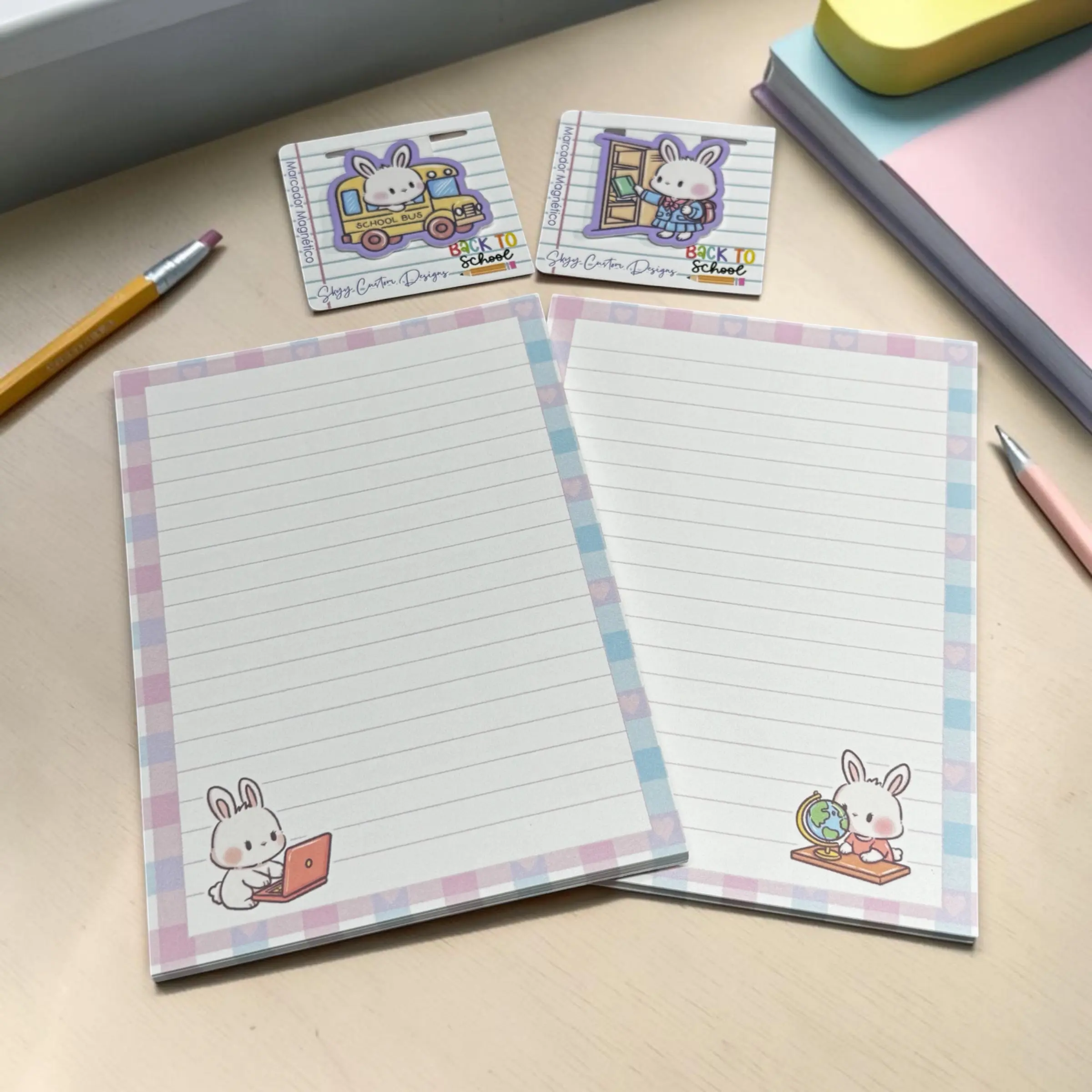 Cute Bunny Reading Office Stationery Gift Set - Magnetic Bookmark, 5x7 In Notepad, Sticker Sheet - Back to School Bundle for Students