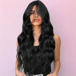 Long Black Wavy Wig for Women 26 Inch Lace Hairline Middle Part Curly Wavy Wig Natural Looking Synthetic Heat Resistant Fiber Wig for Daily Party Use