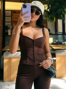 Brown Button Corset Tank Top Women Summer Sexy Backless Bustier Tops Female Sweetheart-Neck Sleeveless Slim Fit Camisole Elegant Women's Tops With Straps