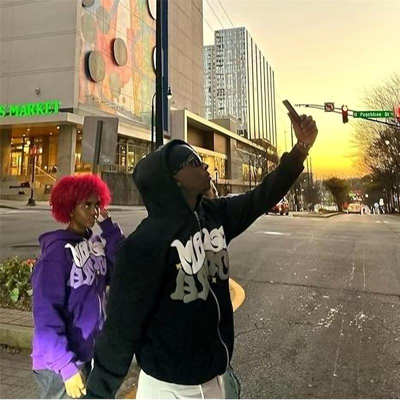 Unisex Zip Up Blue Grunge Hoodie, Puff Print - Oversized Loose Fit Streetwear Pullover Fathersday Giftaygift