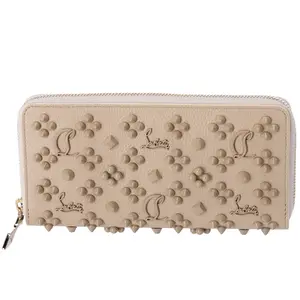 Pre-owned christian louboutin Rayon Small Leather Goods Wallet Beige Solid Classic Panettone Studded Zip Around Wallet 3175224 Leather